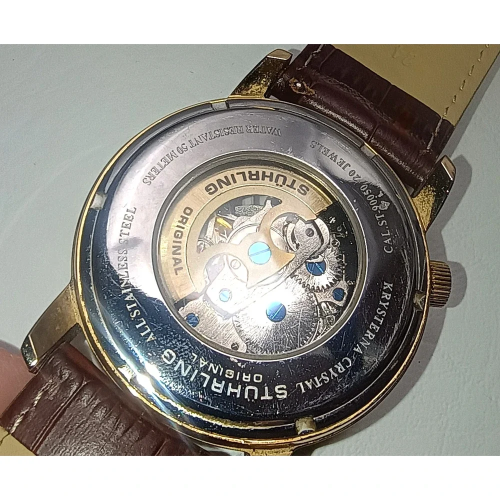 Stuhrling Delphi Oracle 107BG Automatic 44mm Skeleton Watch Gold toned Leather - Picture 3 of 16